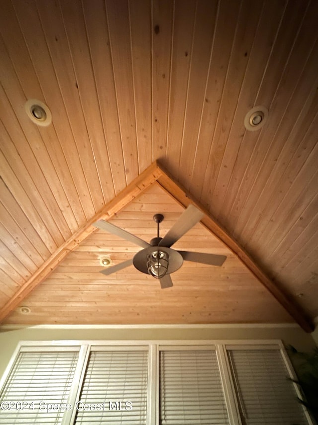 details with ceiling fan, wood walls, and wood ceiling