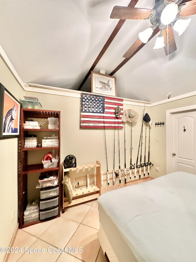 tiled bedroom with ceiling fan