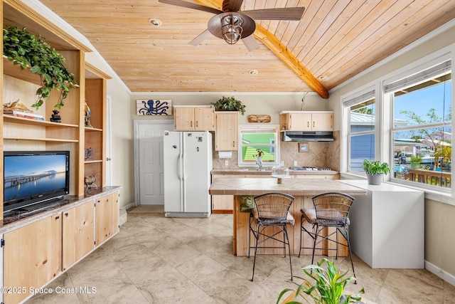 36 Vip Is Unit A, Grant, FL 32949 - kitchen with freestanding refrigerator, wooden ceiling, light brown cabinetry, lofted ceiling, and backsplash