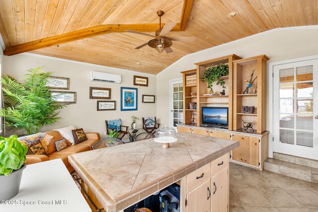 36 Vip Is Unit A, Grant, FL 32949 - dining area featuring wooden ceiling, lofted ceiling, a wall mounted air conditioner, and a ceiling fan