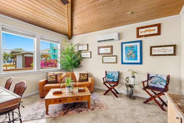 36 Vip Is Unit A, Grant, FL 32949 - sitting room with a wall unit AC, wood ceiling, ornamental molding, baseboards, and lofted ceiling