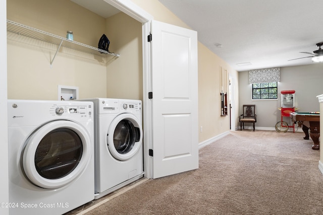 clothes washing area featuring carpet floors, ceiling fan, billiards, and independent washer and dryer