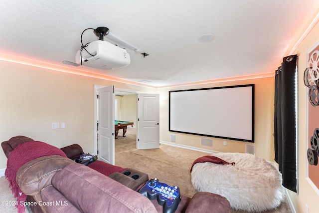 carpeted home theater room featuring billiards