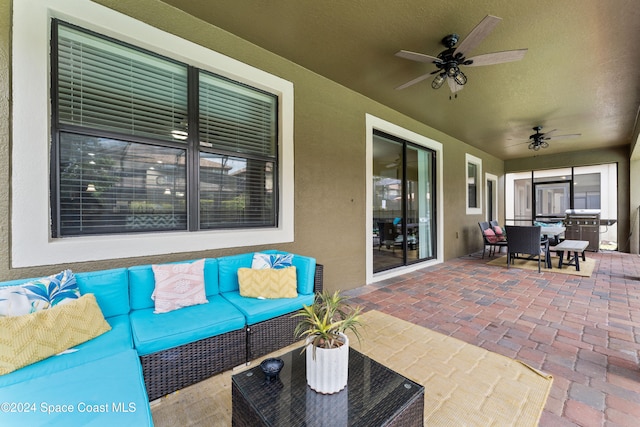 view of patio / terrace featuring an outdoor hangout area, ceiling fan, and grilling area