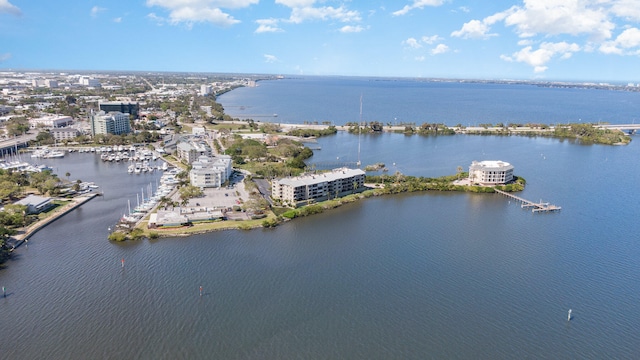 birds eye view of property featuring a water view