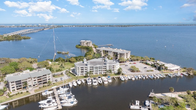 bird's eye view with a water view