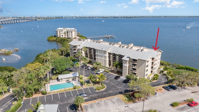 aerial view featuring a water view