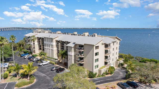 bird's eye view with a water view