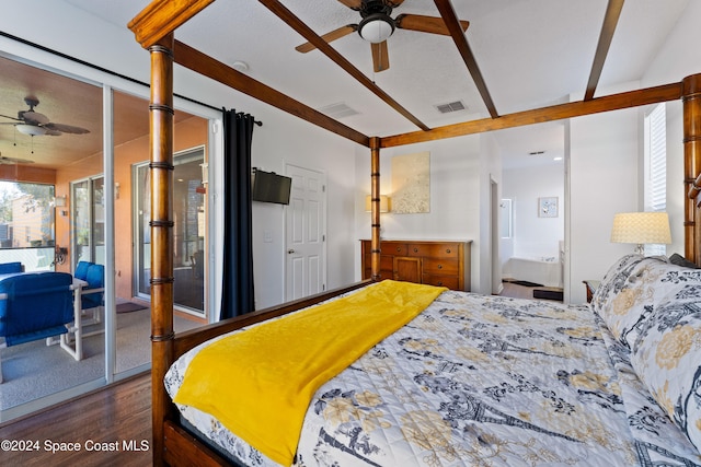 bedroom featuring ceiling fan and dark hardwood / wood-style flooring