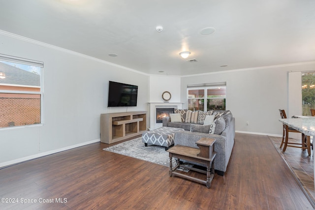 living room featuring crown molding and dark hardwood / wood-style floors