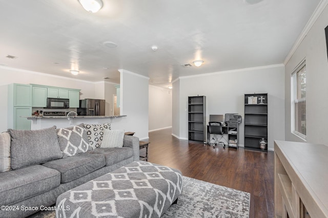 living room featuring crown molding and dark hardwood / wood-style flooring