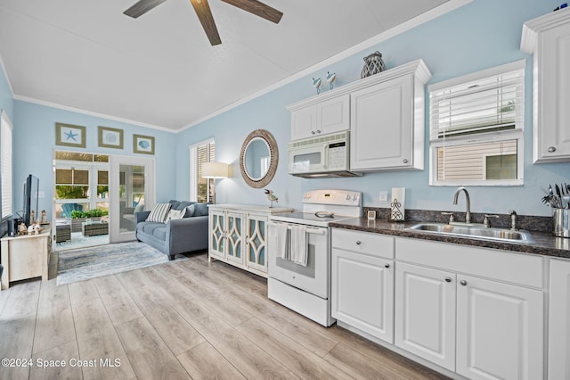 kitchen with white appliances, crown molding, sink, light wood-type flooring, and white cabinetry