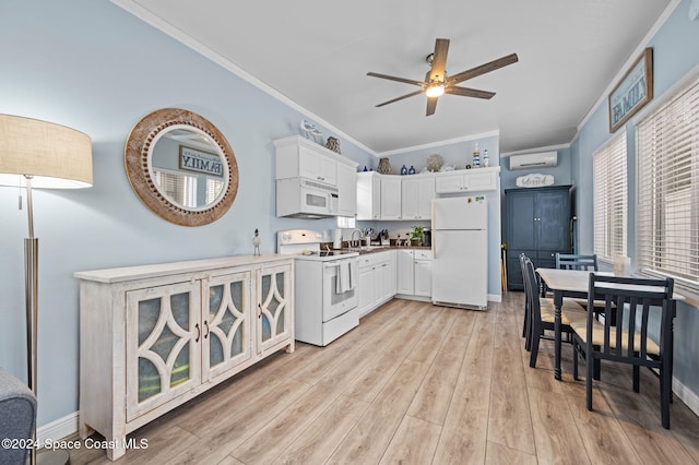 kitchen with white appliances, ceiling fan, crown molding, light hardwood / wood-style flooring, and white cabinets