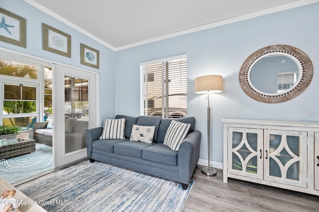 living room featuring hardwood / wood-style floors, ornamental molding, and a wealth of natural light