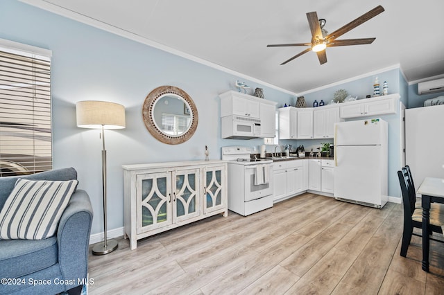 kitchen featuring light hardwood / wood-style floors, white appliances, ornamental molding, and white cabinetry