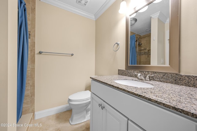 bathroom featuring vanity, crown molding, tile patterned flooring, toilet, and curtained shower