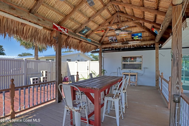 deck featuring a gazebo and ceiling fan