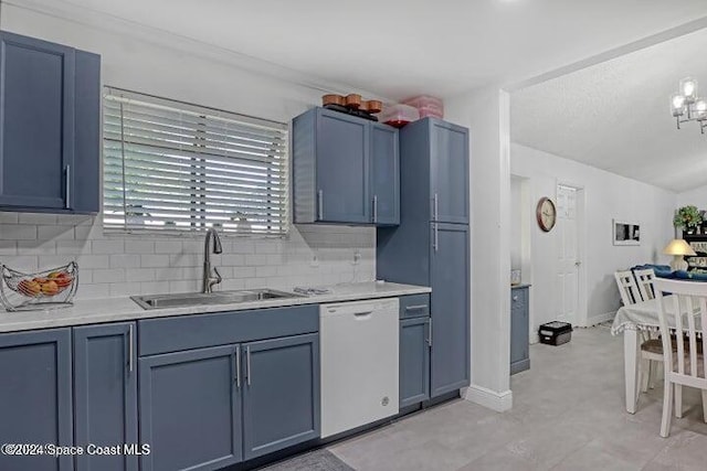 kitchen with backsplash, dishwasher, blue cabinets, and sink