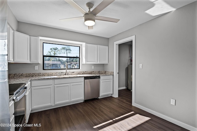 kitchen with white cabinets, dishwasher, range, and dark wood-type flooring