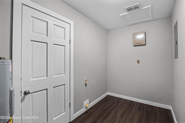 washroom with electric panel, dark wood-type flooring, and water heater