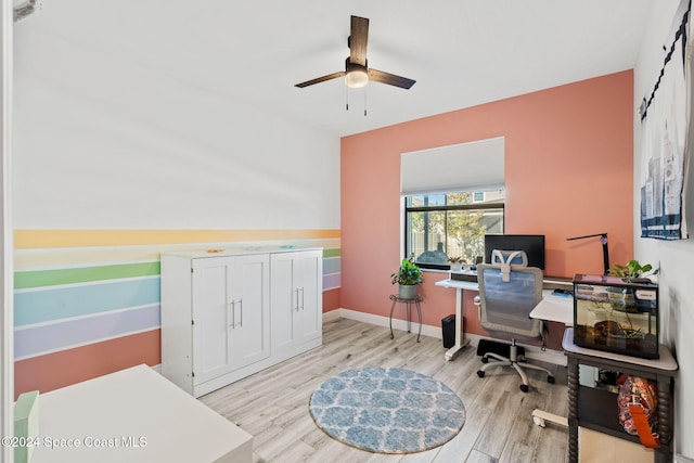 office space with light hardwood / wood-style floors and ceiling fan