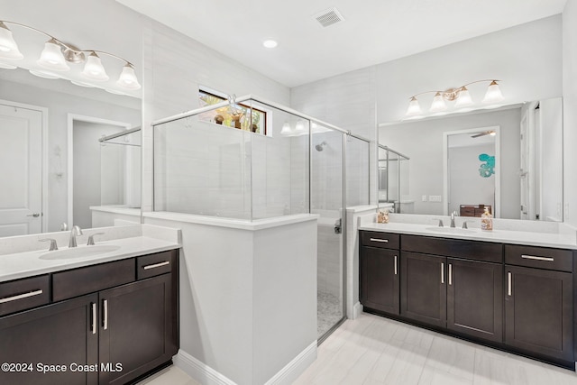 bathroom with vanity and a shower with shower door