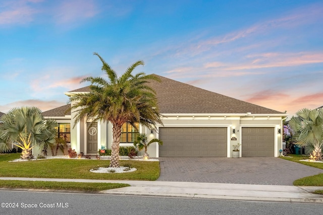 view of front of home with a garage and a lawn