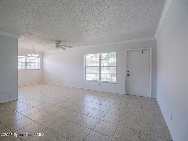 28 Pine Arbor Ln Unit 206, Vero Beach, FL 32962 - empty room with crown molding, light tile patterned floors, ceiling fan with notable chandelier, and a textured ceiling