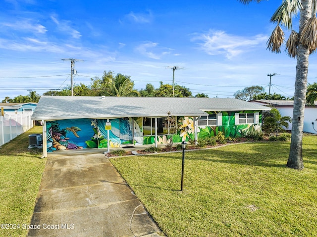 ranch-style home with a front yard, covered porch, a carport, and central air condition unit