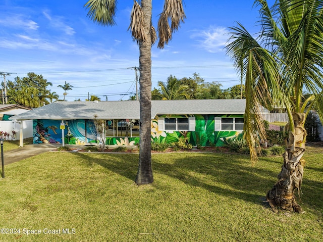 single story home with a front lawn and a carport