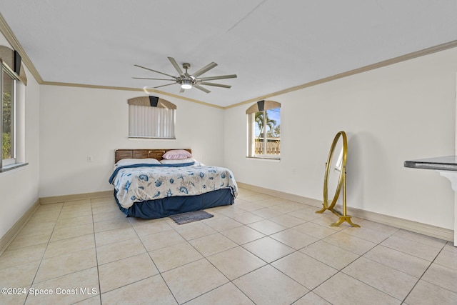 bedroom with light tile patterned floors, multiple windows, crown molding, and ceiling fan