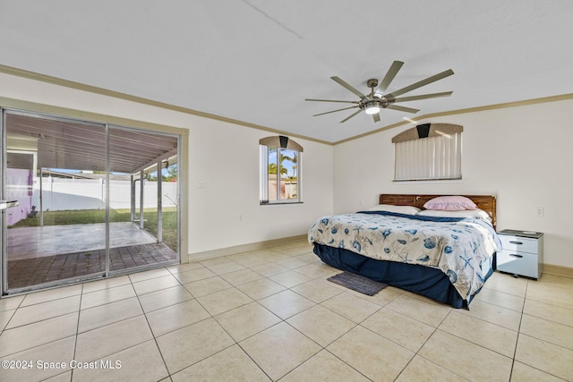 tiled bedroom featuring access to exterior, ceiling fan, and crown molding