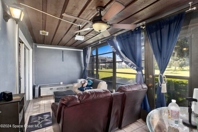 sunroom / solarium featuring ceiling fan and wooden ceiling