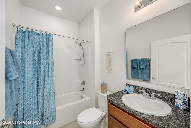 full bathroom with vanity, toilet, and shower / bathtub combination with curtain