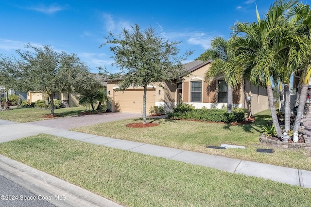 obstructed view of property with a garage and a front lawn