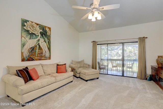 5760 Marina Dr Unit 4, Sebastian, FL 32958 - carpeted living room featuring ceiling fan and lofted ceiling