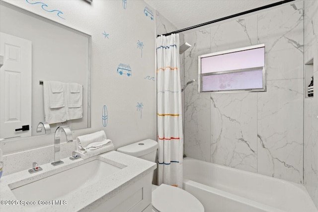 full bathroom with vanity, toilet, a textured ceiling, and shower / tub combo with curtain