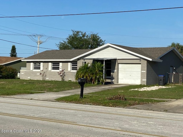 single story home featuring a garage and a front lawn