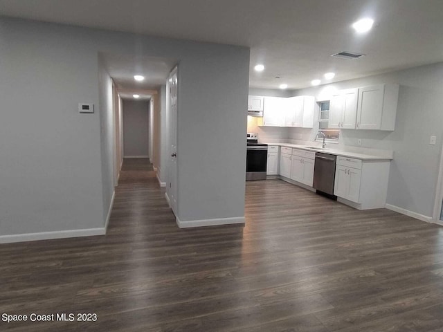 kitchen with white cabinets, dark hardwood / wood-style floors, sink, and stainless steel appliances