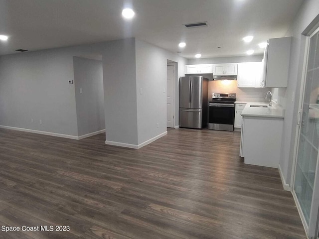 kitchen featuring dark hardwood / wood-style floors, white cabinetry, sink, and appliances with stainless steel finishes