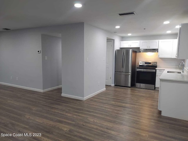 kitchen featuring dark wood-type flooring, white cabinetry, sink, and stainless steel appliances