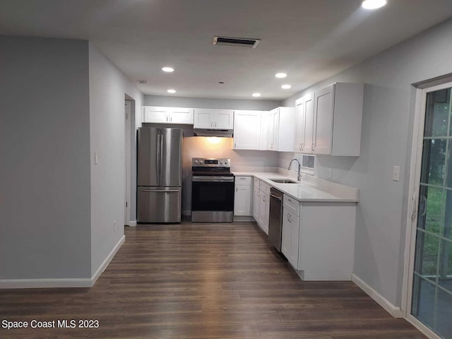 kitchen with dark wood-type flooring, white cabinetry, sink, and stainless steel appliances