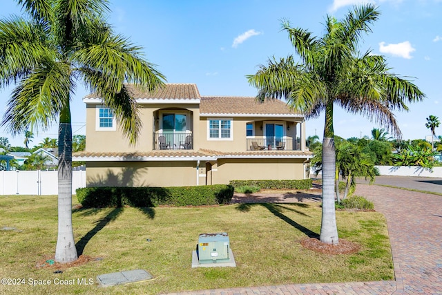 mediterranean / spanish-style home with a balcony and a front yard