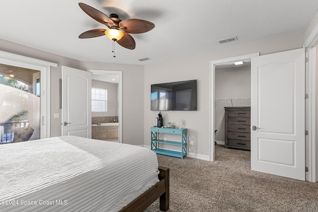 bedroom featuring a spacious closet, ceiling fan, ensuite bathroom, a closet, and carpet