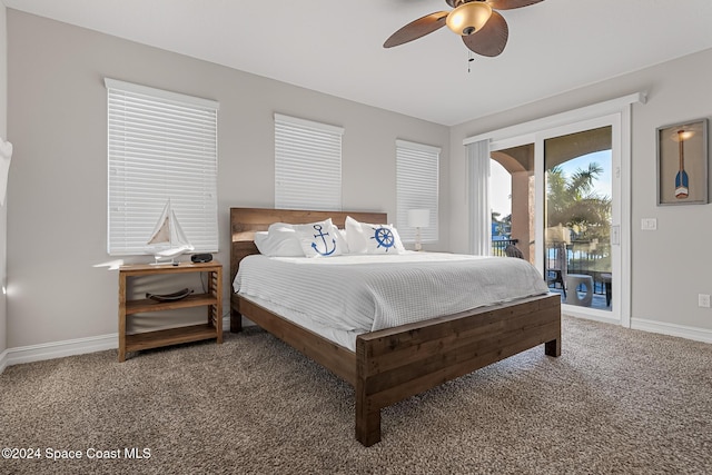 bedroom with carpet, ceiling fan, and access to outside