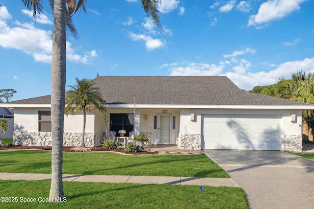 ranch-style house with a front yard and a garage