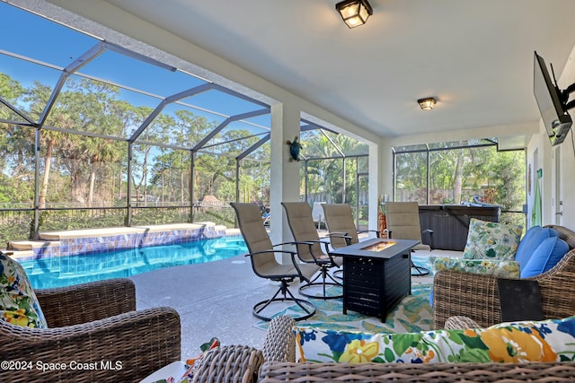 sunroom featuring a wealth of natural light and a swimming pool