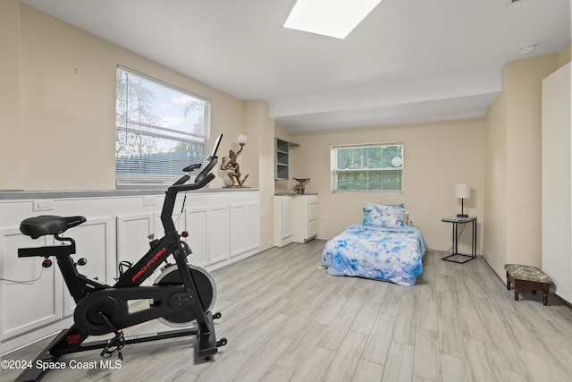 workout room with a skylight and light hardwood / wood-style flooring