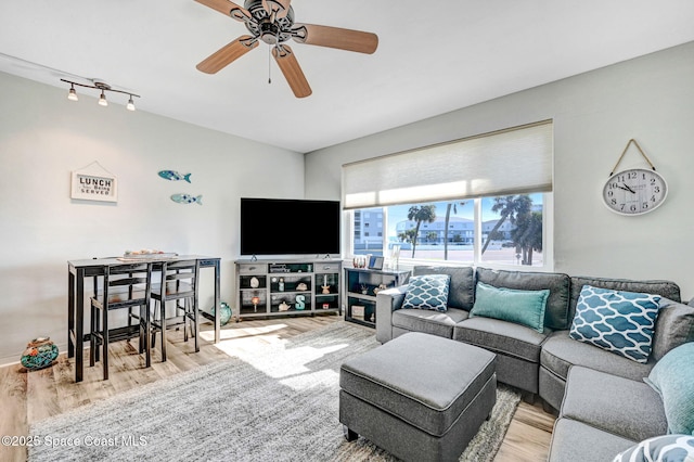 living room with ceiling fan, hardwood / wood-style floors, and track lighting