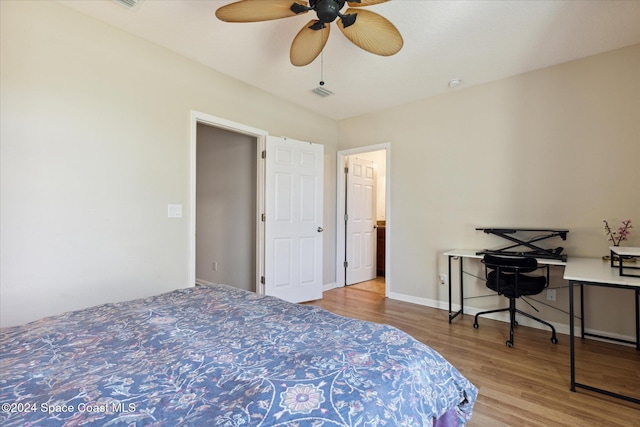 bedroom featuring ceiling fan and light hardwood / wood-style flooring